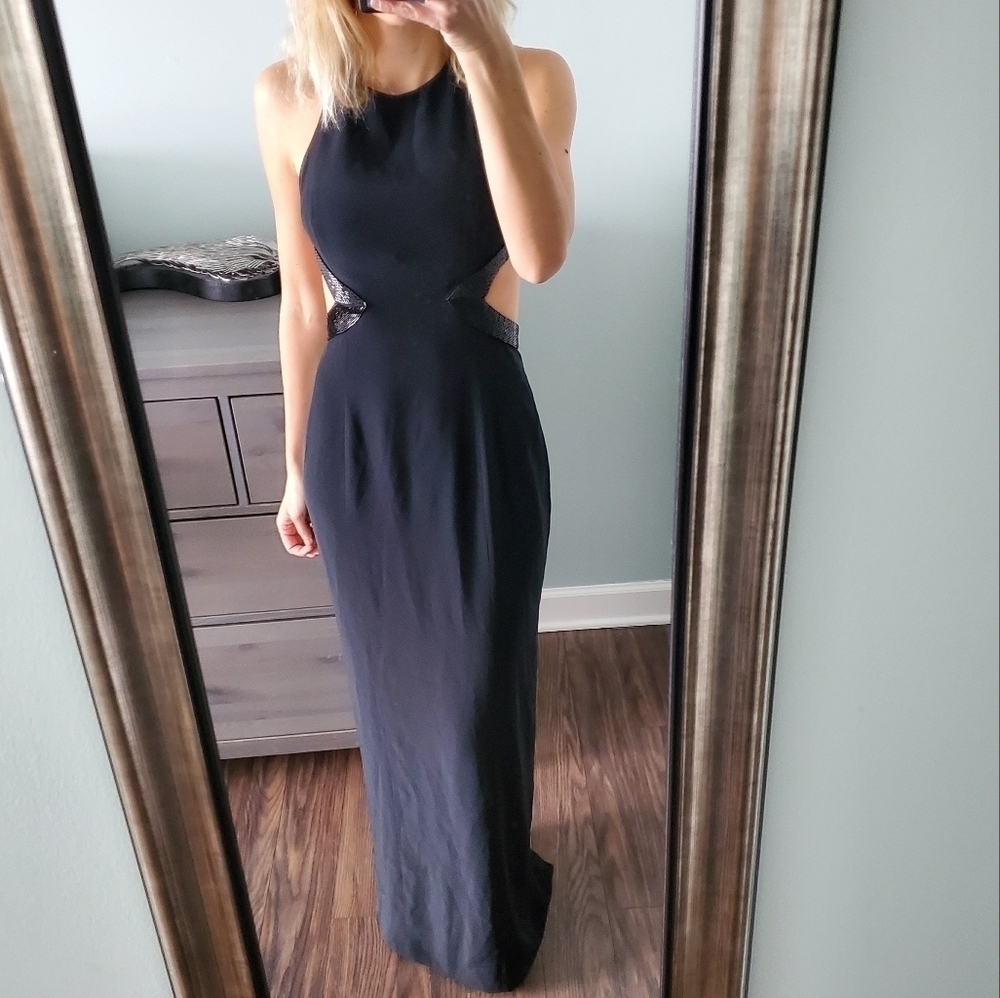 Cache Cut Out Open Back Beaded Trim Black Maxi Dress